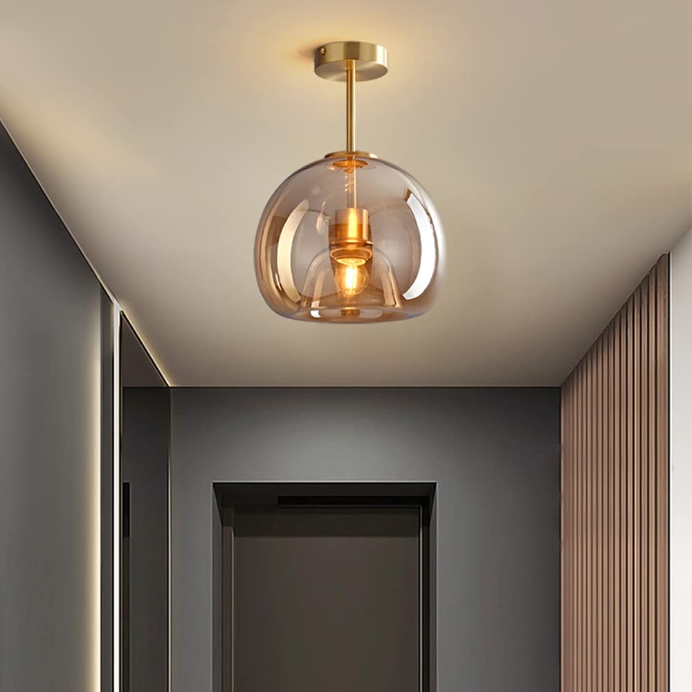 Esme Amber Glass Ceiling Light, Gold, long