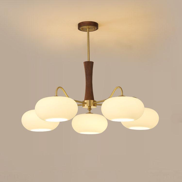 Hazel Brass and Wood Chandelier, 5 lights tall, walnut