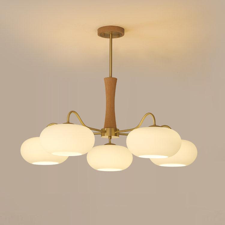 Hazel Brass and Wood Chandelier, 5 lights tall, natural wood