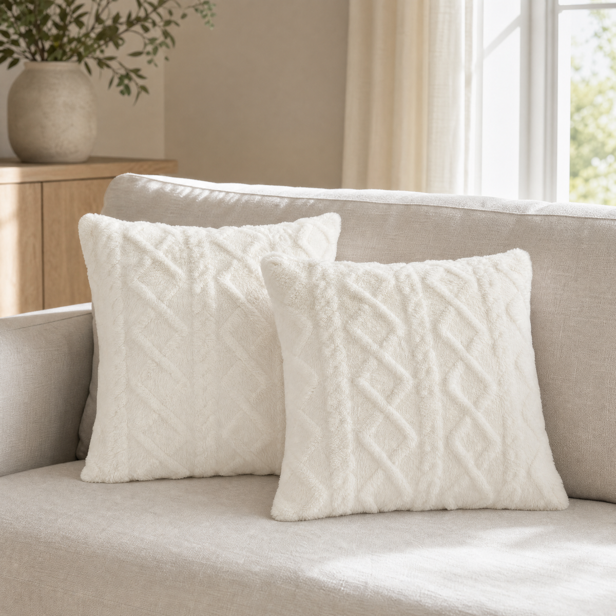 Two cream cable knit cushions on a light linen sofa