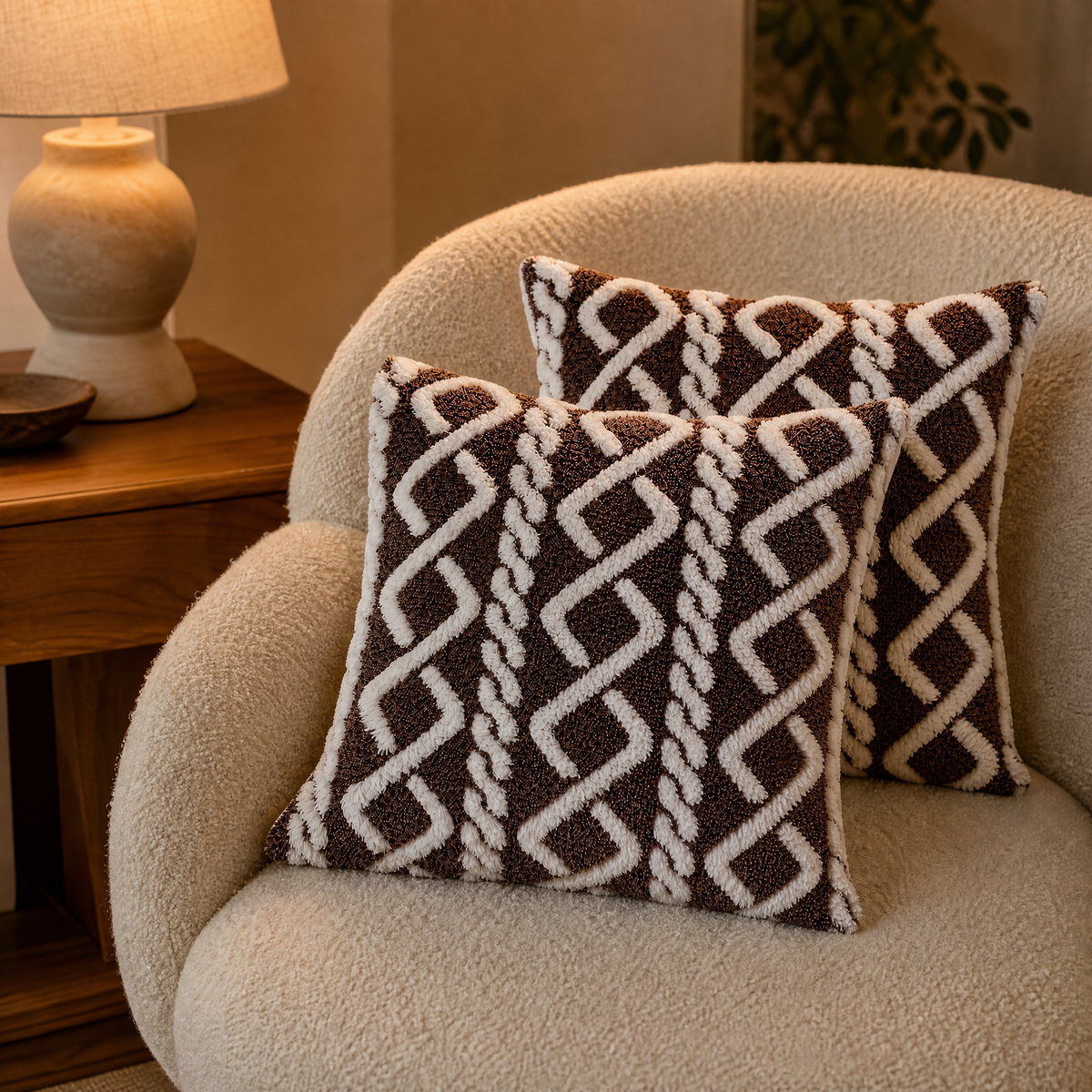 Two brown and white cable knit cushions on a cream boucle armchair