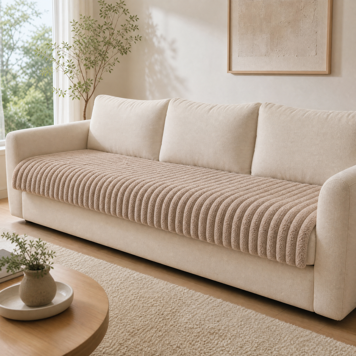 Latte ribbed cover on the seat of a cream three seat sofa