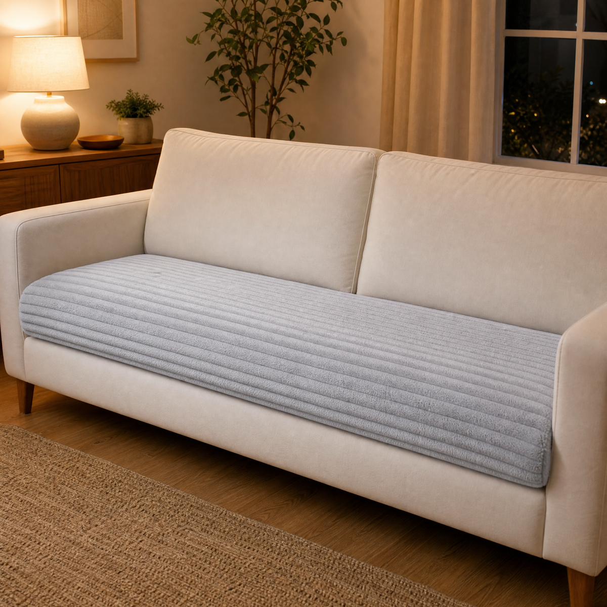 Light grey ribbed cover on the seat of a white two seat sofa