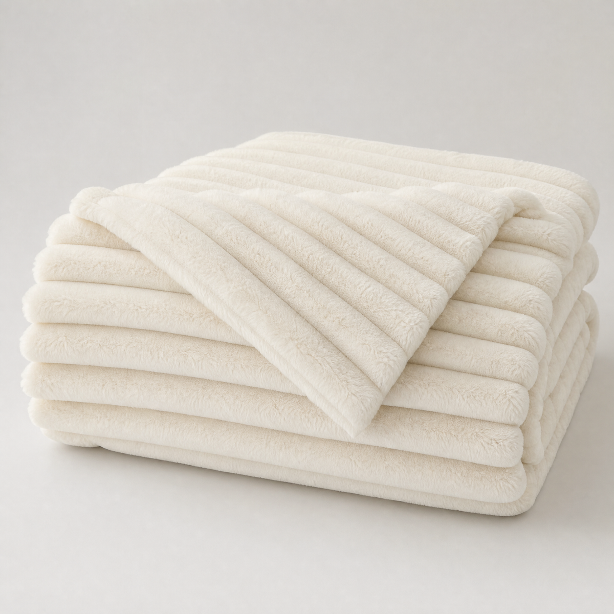 White chunky ribbed faux fur couch cover, folded, on a light grey background