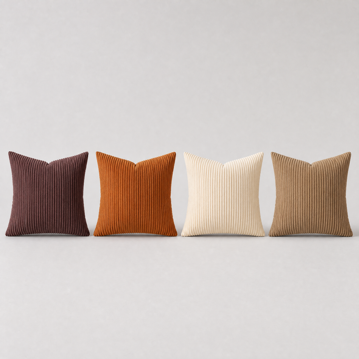 Four corduroy cushions in plum, rust, cream and tan in a row on a light grey background