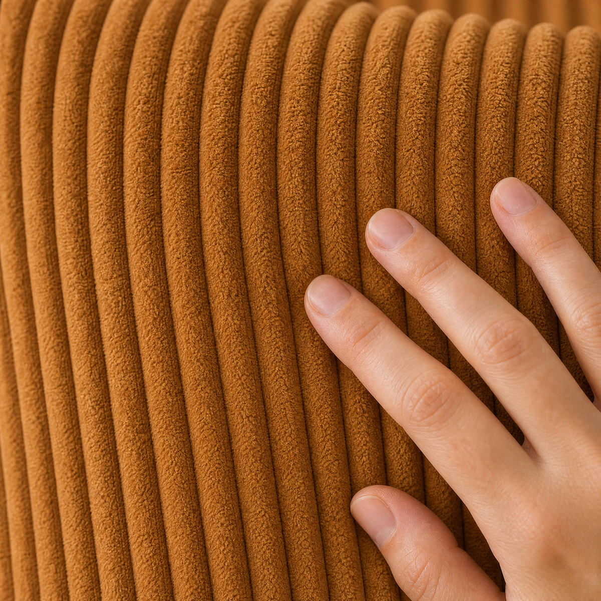 Hand brushing over the wide ribs of a tan corduroy cover