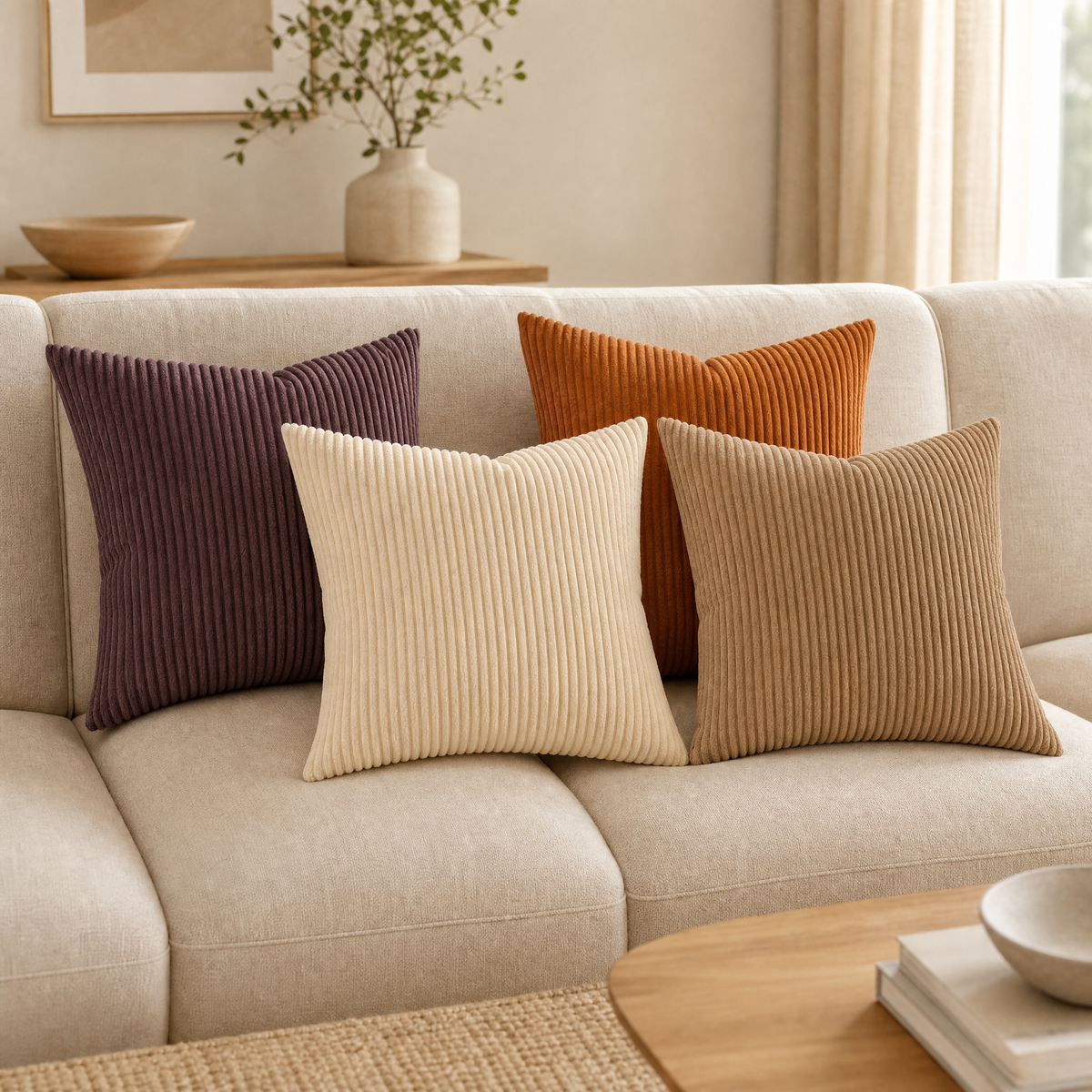 Four corduroy cushions in plum, rust, cream and tan on a beige sofa