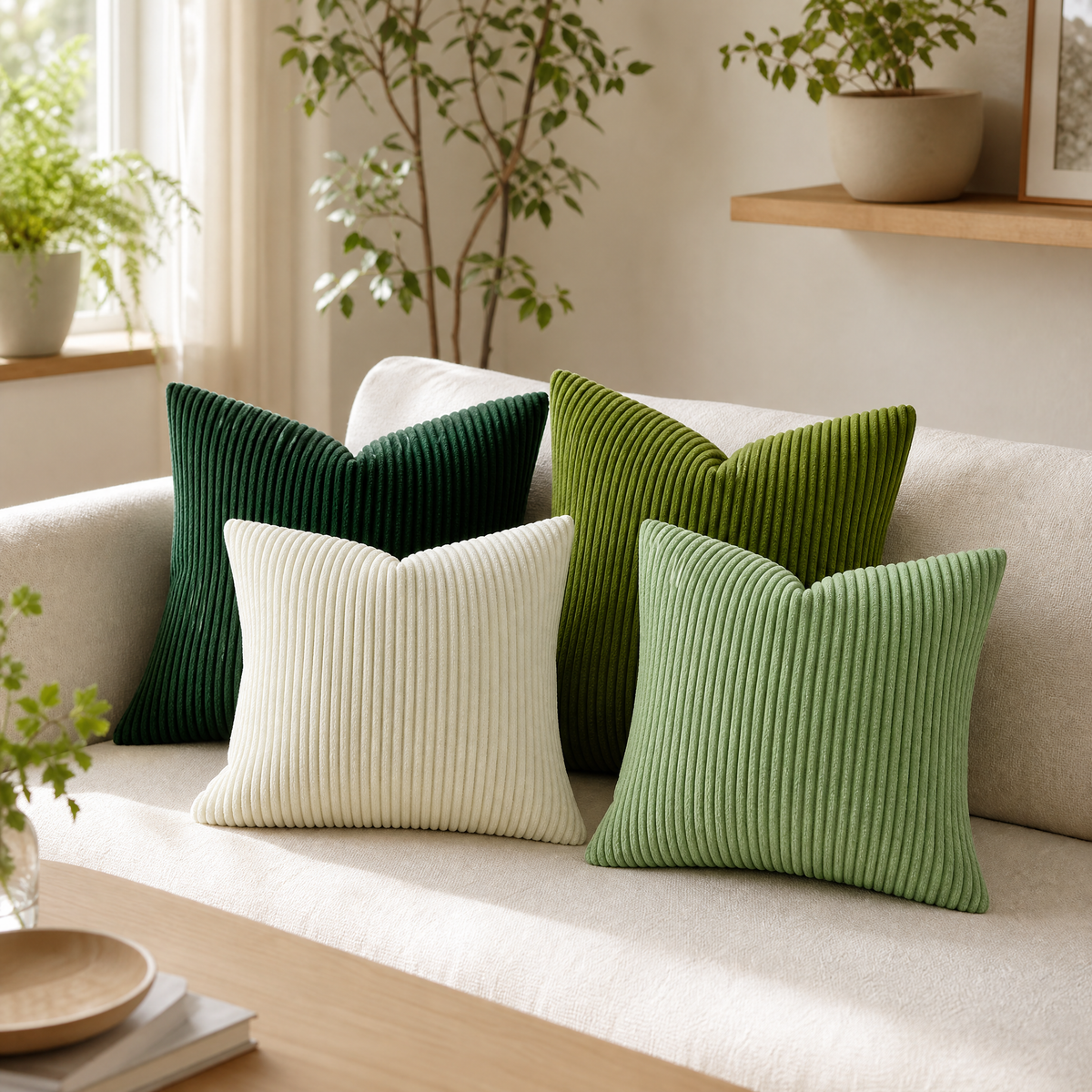 Four corduroy cushions in dark green, olive, cream and sage on a cream sofa