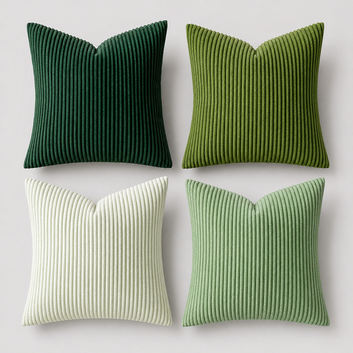 Green Mix set of four corduroy cushion covers on a light grey background