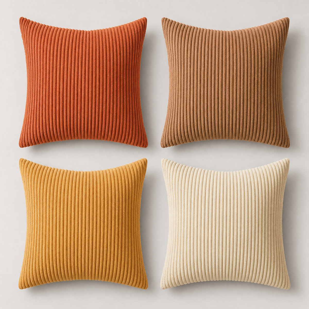 Rust and Mustard set of four corduroy cushion covers on a light grey background