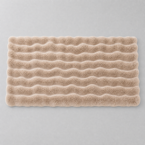Khaki faux rabbit fur couch cover laid flat, seen from above