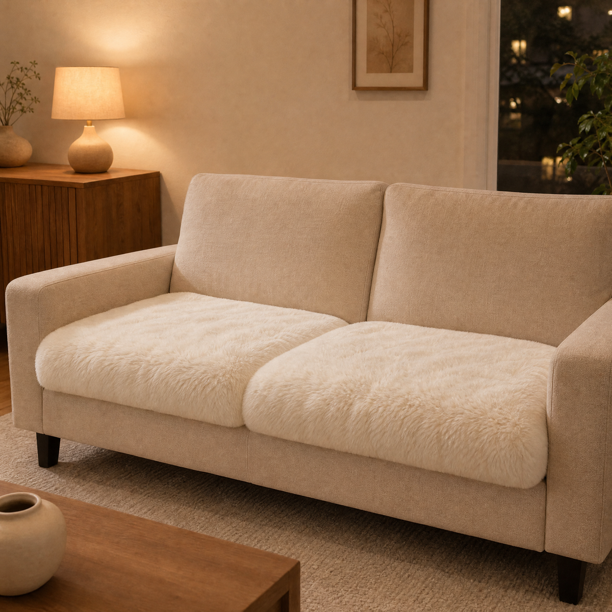 White faux fur cover on the seat of a beige two seat sofa