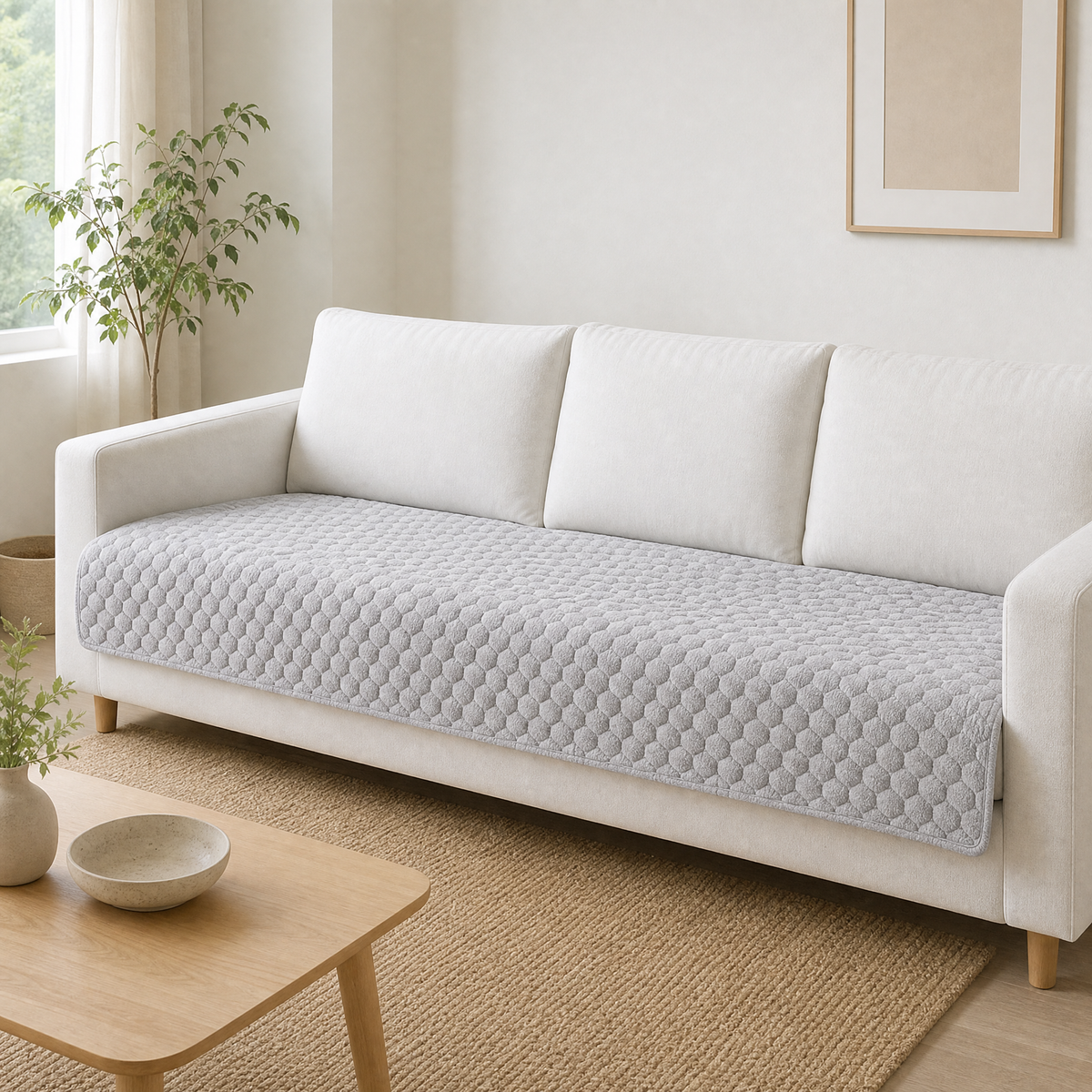 Grey honeycomb cover on the seat of a white three seat sofa