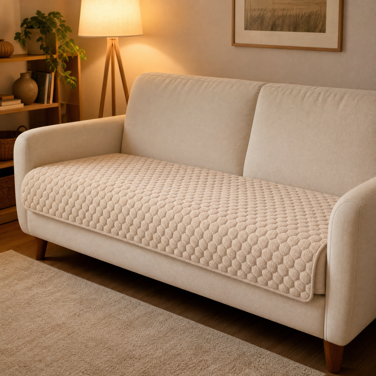 Latte honeycomb cover on the seat of a cream two seat sofa