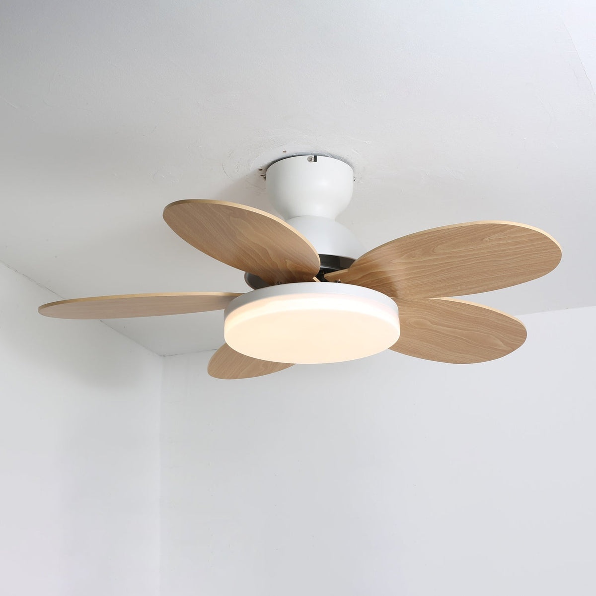 Pia Petal Ceiling Fan Light, White and Wood Grain