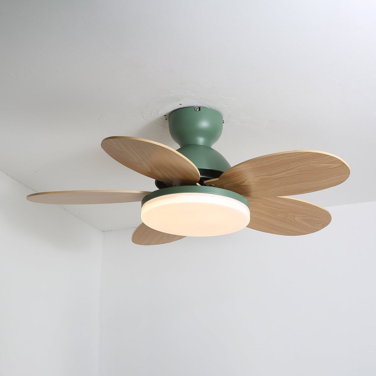 Pia Petal Ceiling Fan Light, Green and Wood Grain