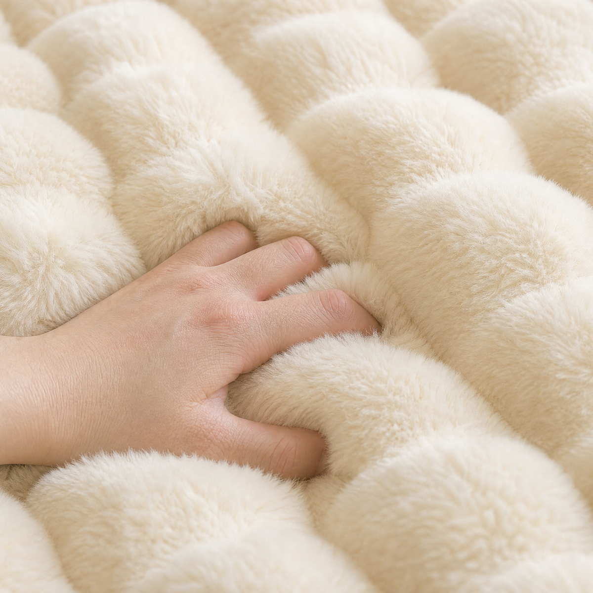 Hand sinking into the ivory bubble quilted faux fur