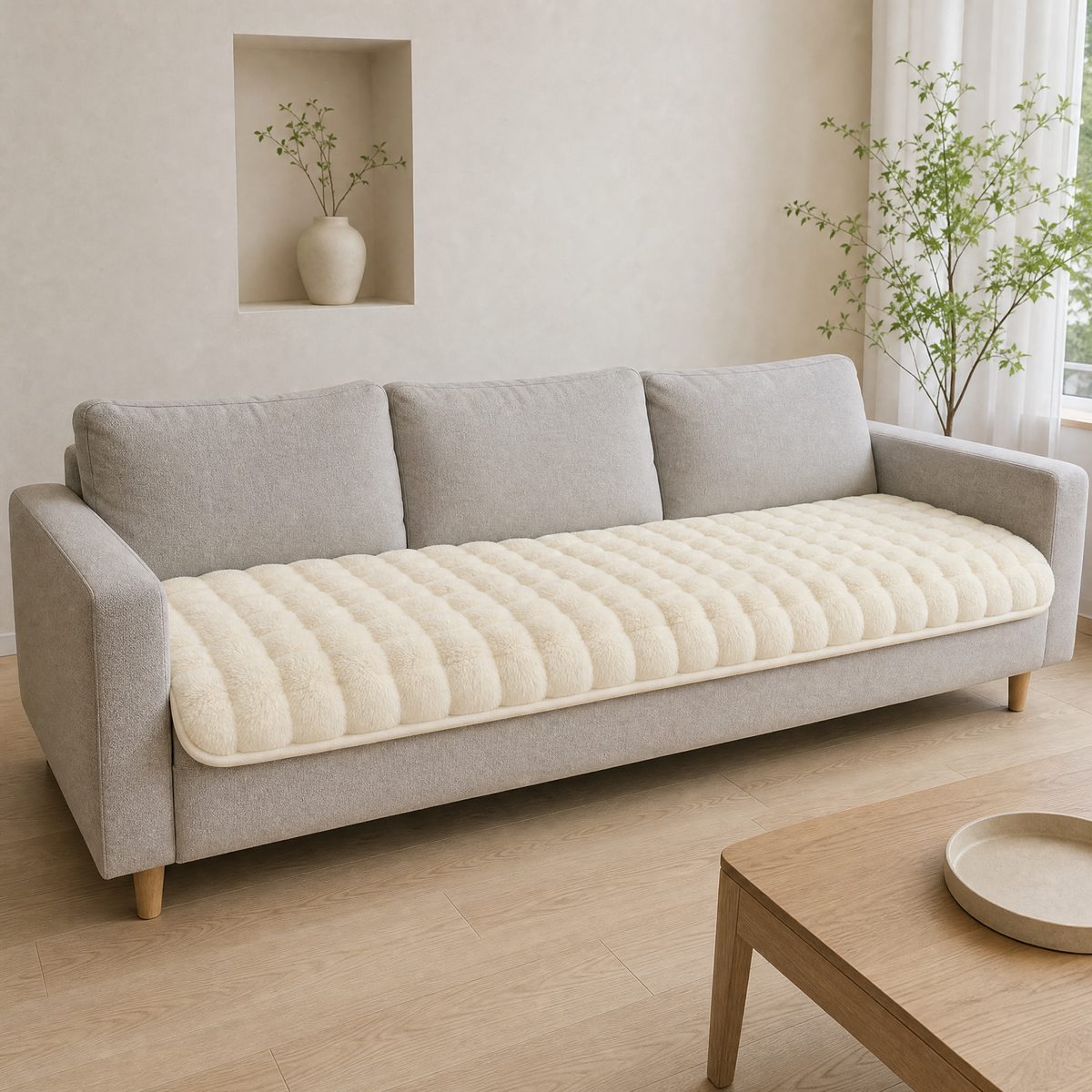 Ivory quilted cover on the seat of a light grey three seat sofa