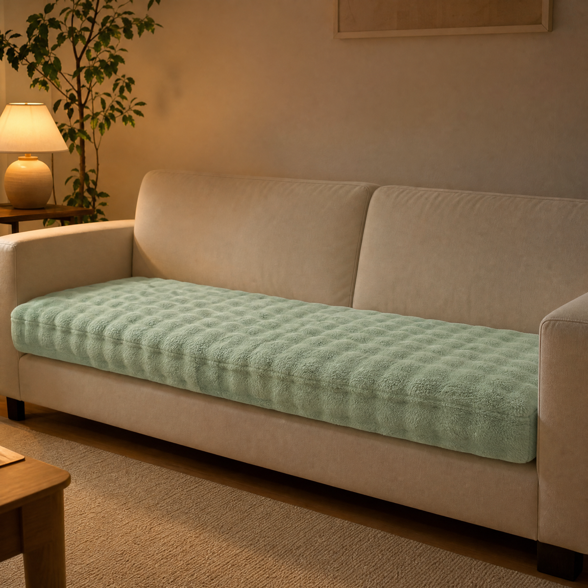 Sage green quilted cover on the seat of a cream two seat sofa