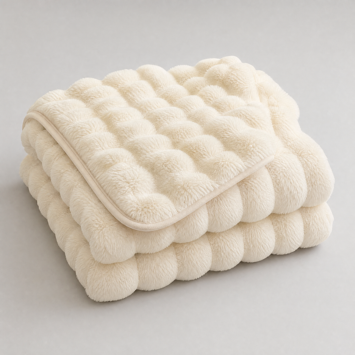 Ivory quilted faux fur couch cover, folded, on a light grey background