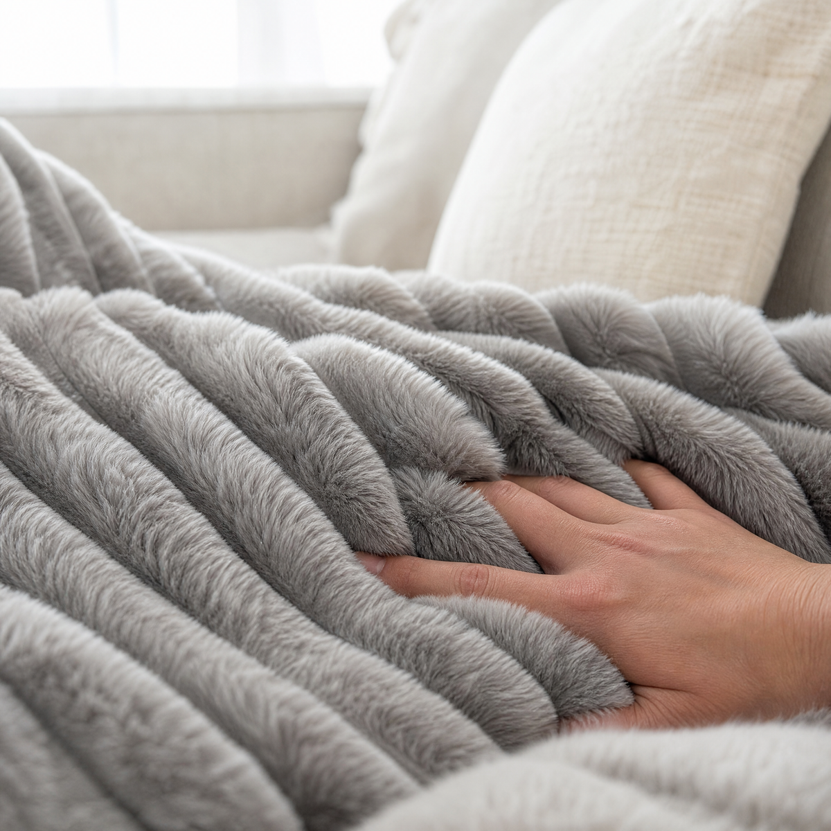 Close up of the grey rib plush pile with a hand pressing into it