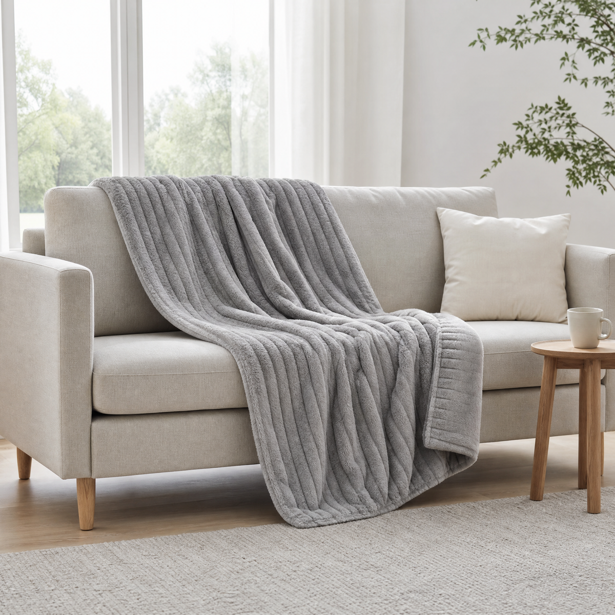 Grey rib plush blanket draped over a sofa, corner folded to show the edge