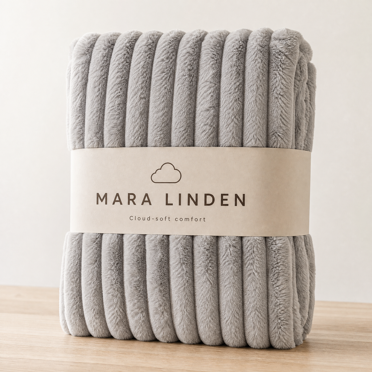 Folded grey blanket with a Mara Linden paper band