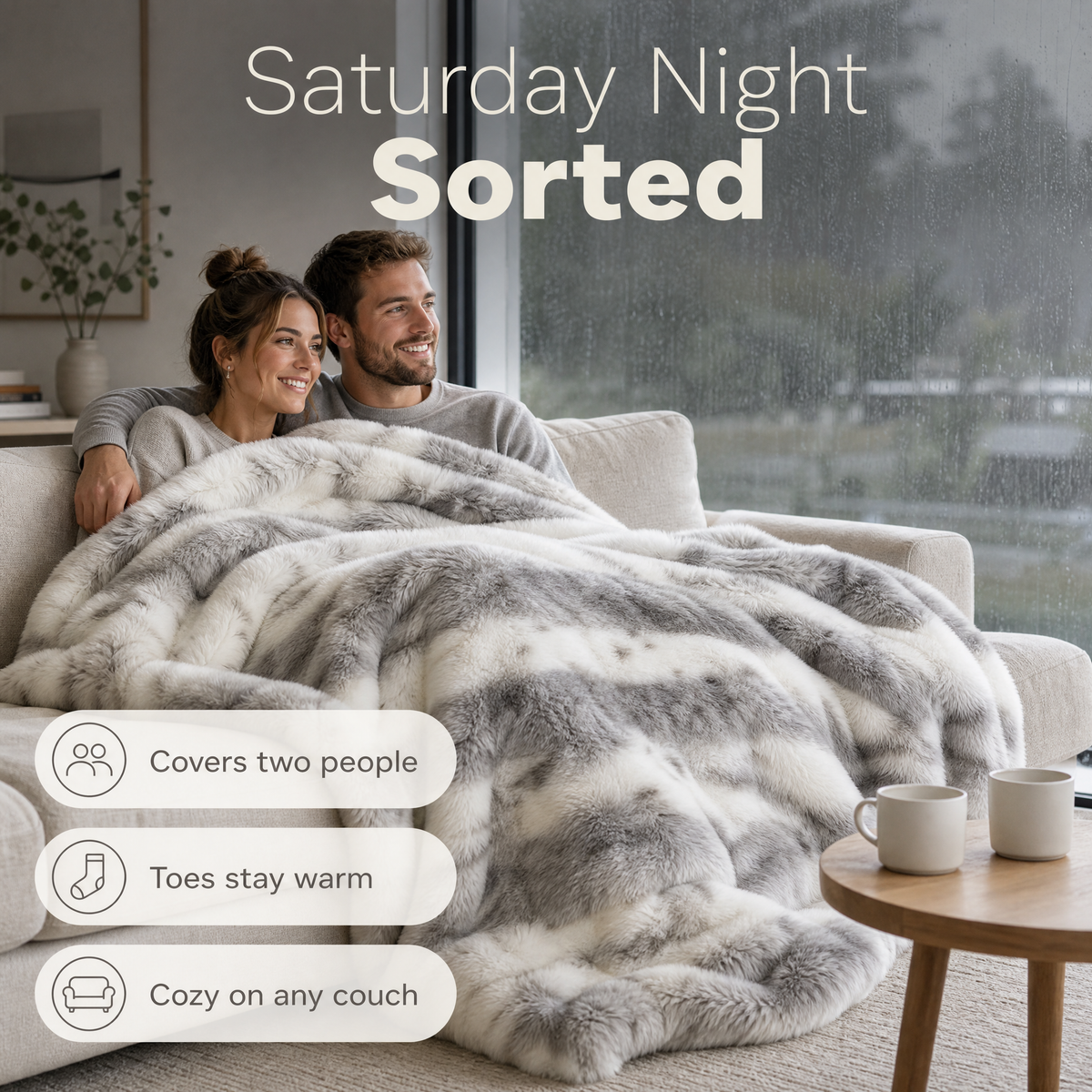 Couple under one marbled faux fur blanket with their feet tucked in