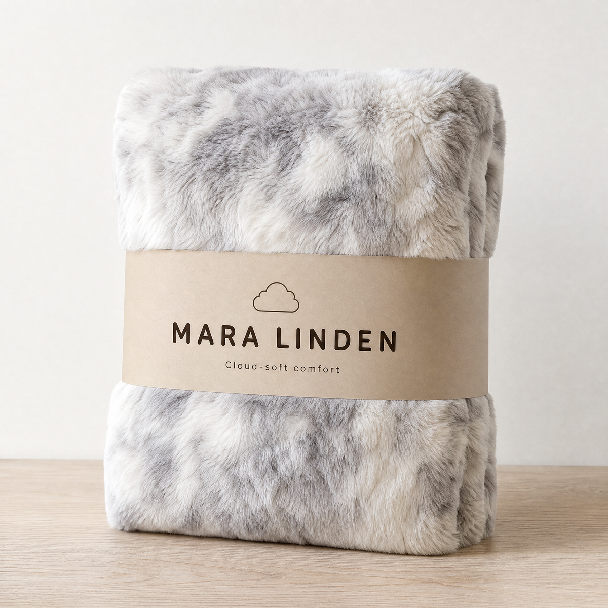 Folded marbled faux fur blanket with a Mara Linden paper band