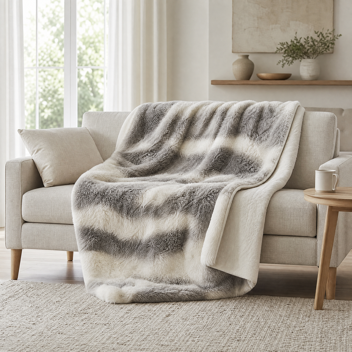 Marbled faux fur blanket draped over a sofa with a corner folded back