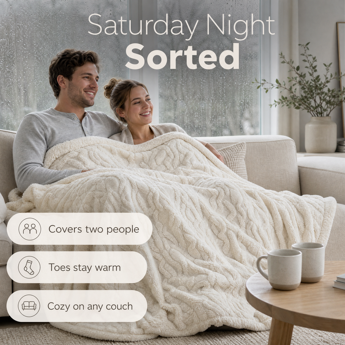 Couple under one tufted jacquard blanket with their feet tucked in