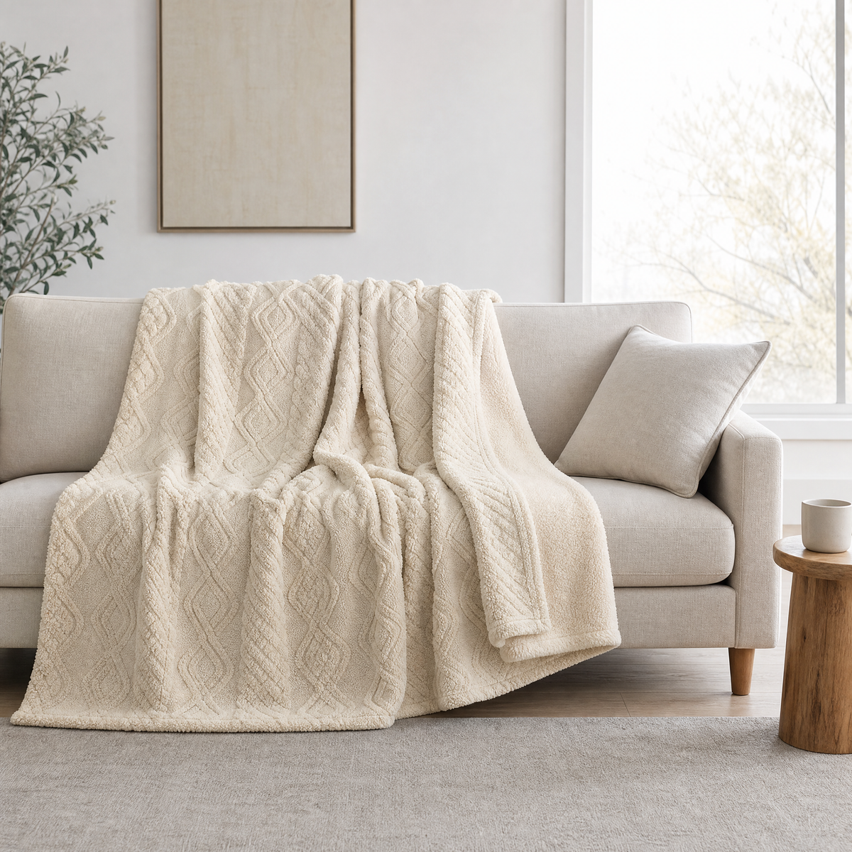 Tufted jacquard blanket draped over a sofa with a corner folded back