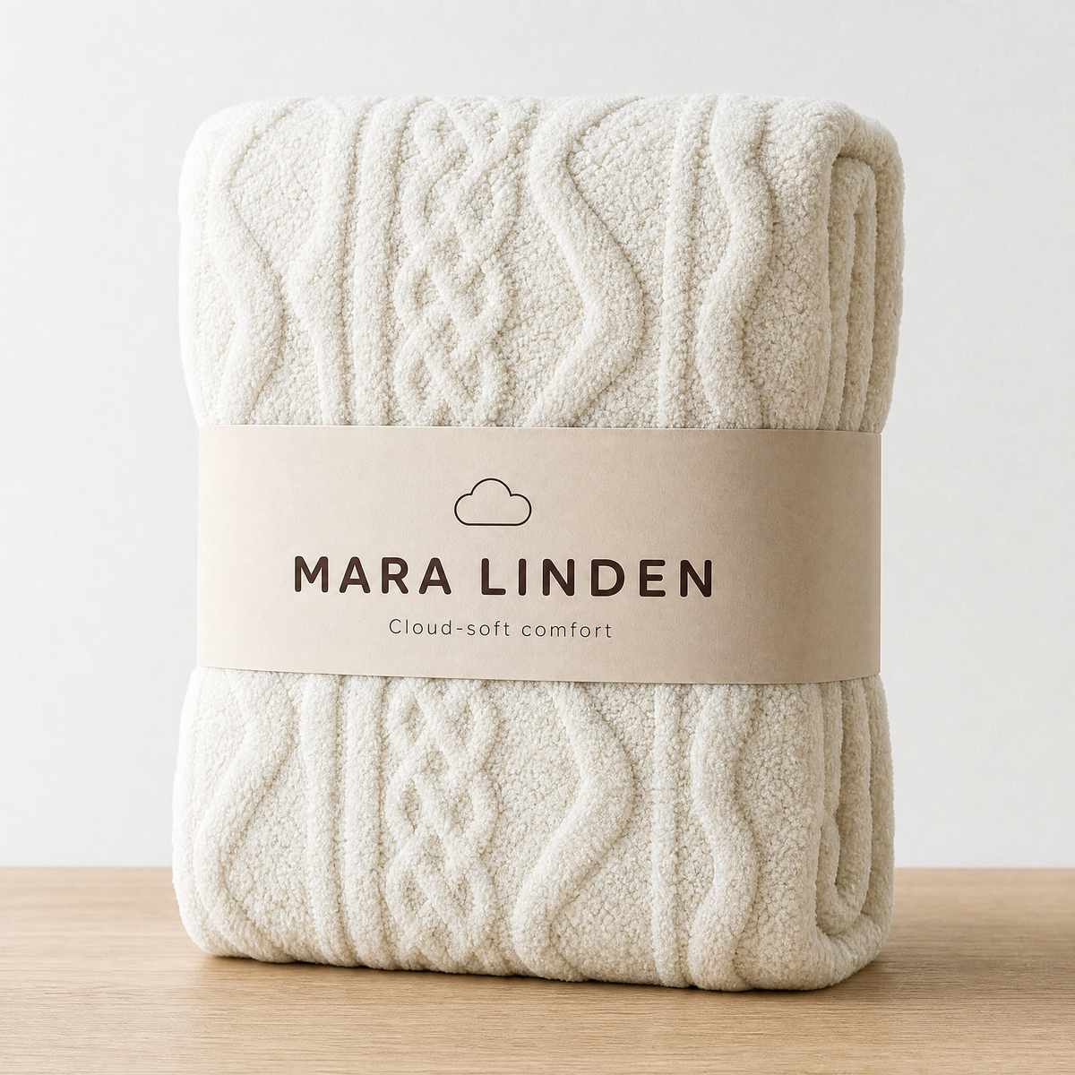 Folded tufted jacquard blanket with a Mara Linden paper band