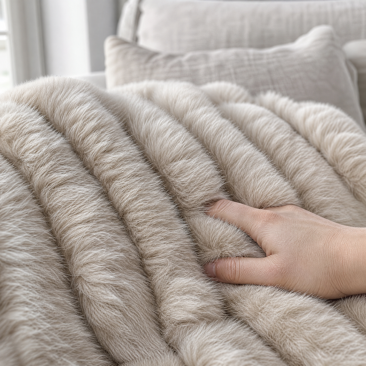 Close up of the sand cream plush ribs with a hand pressing into the pile