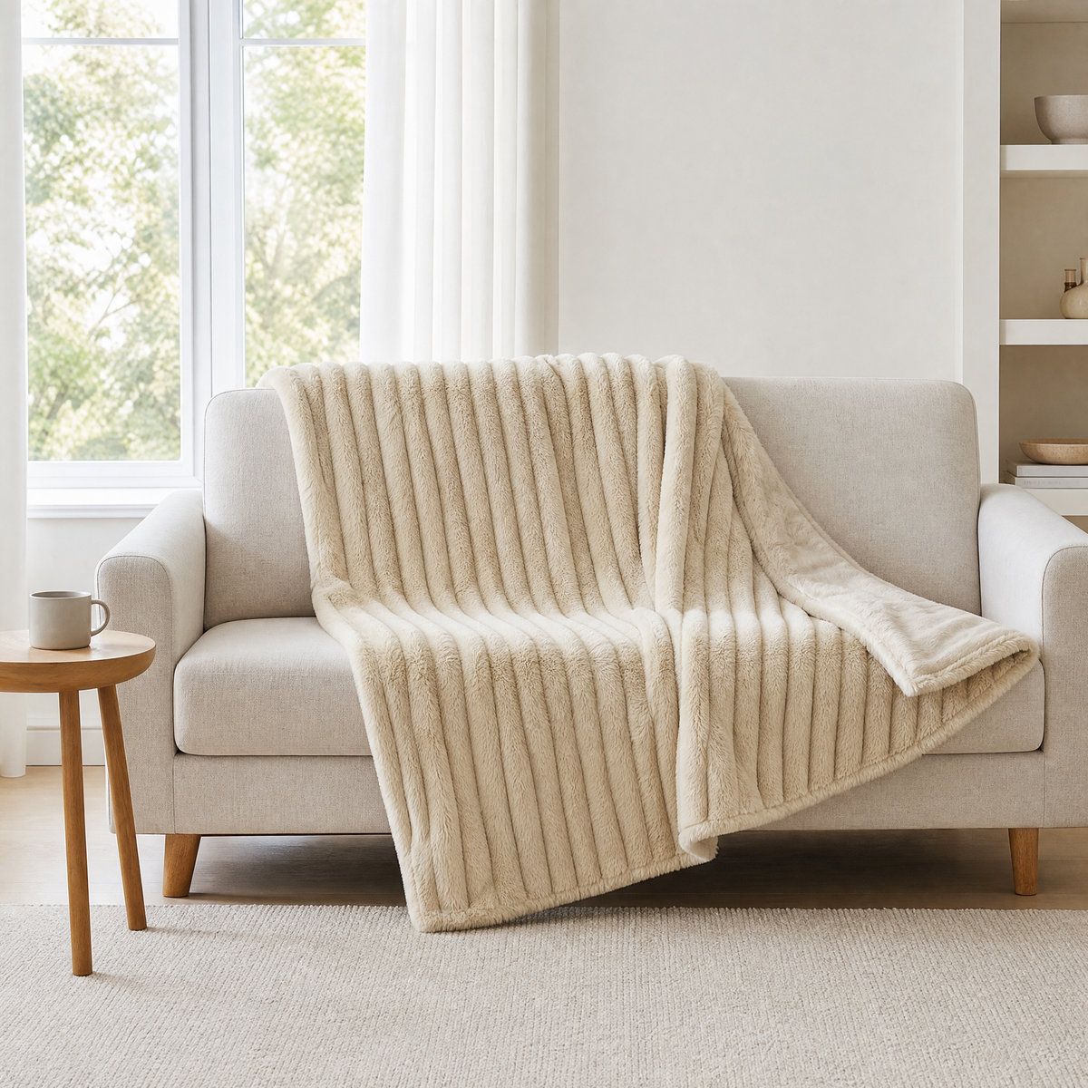 Sand cream ribbed blanket draped over a sofa with a corner folded back