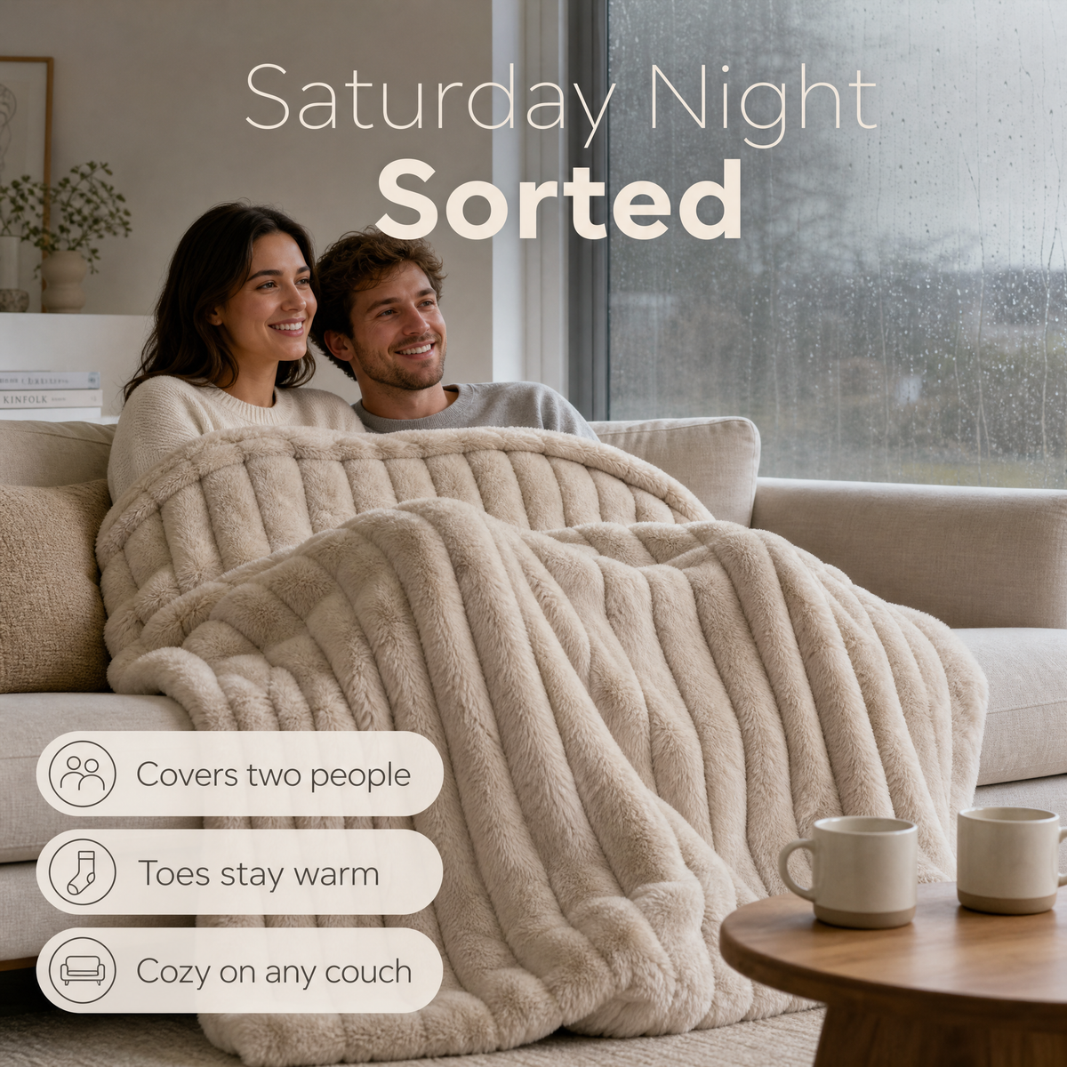 Couple under one sand cream ribbed plush blanket with their feet tucked in