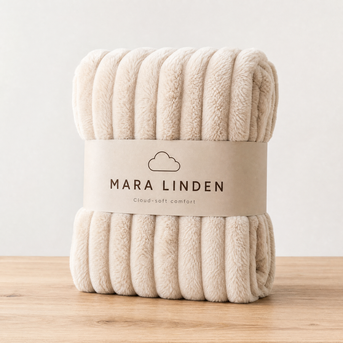 Folded sand cream ribbed blanket with a Mara Linden paper band