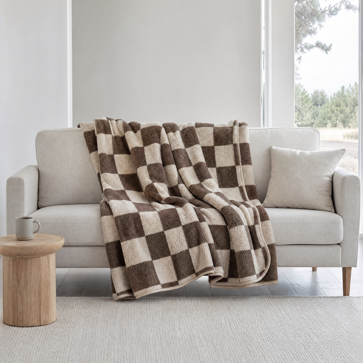 Checkerboard plush blanket draped over a sofa with a corner folded back