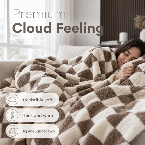 Coffee and cream checkerboard plush blanket with a woman resting under it