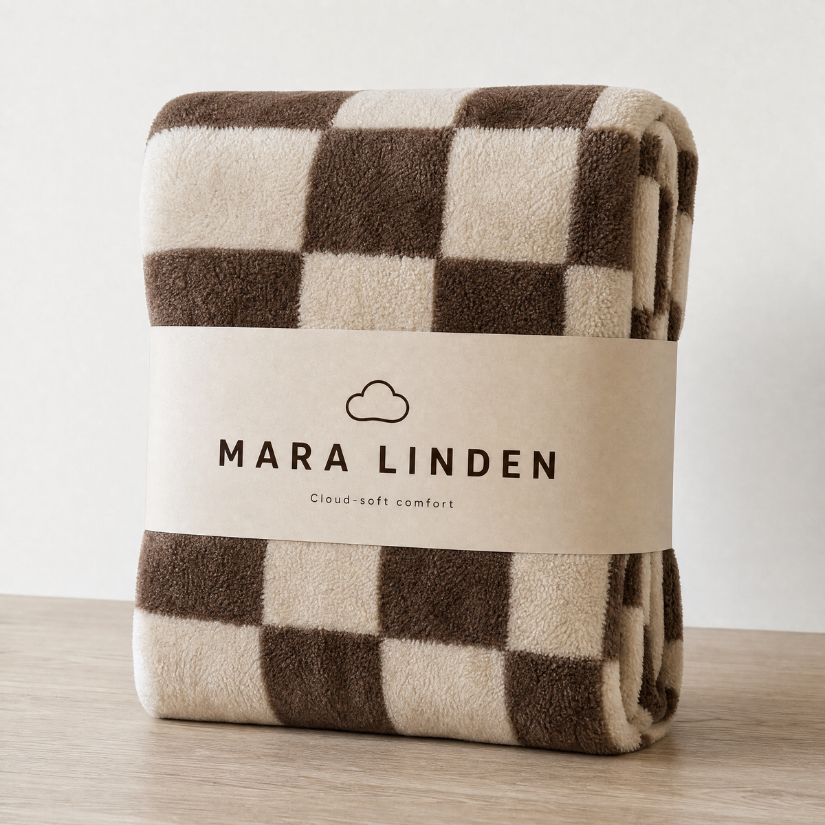 Folded checkerboard plush blanket with a Mara Linden paper band