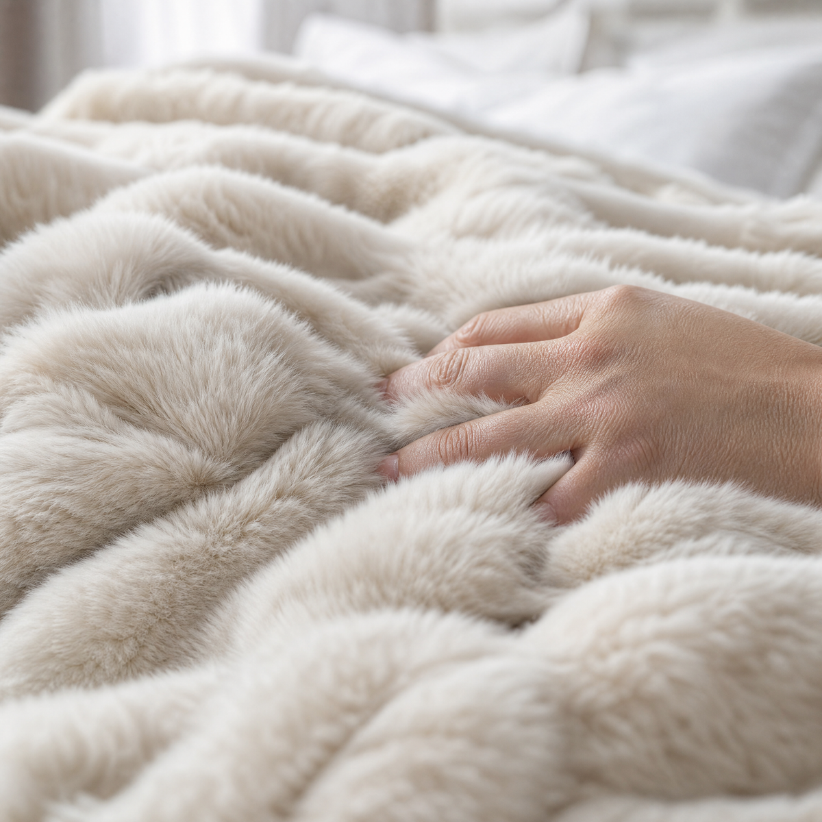Close up of the wavy rib faux fur pile with a hand pressing into it