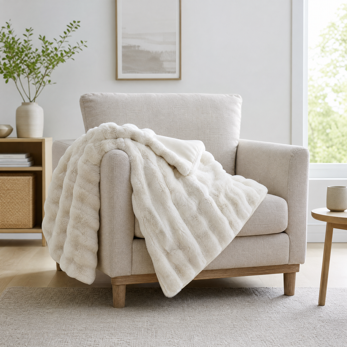 Rib faux fur blanket draped over an armchair with a corner folded back