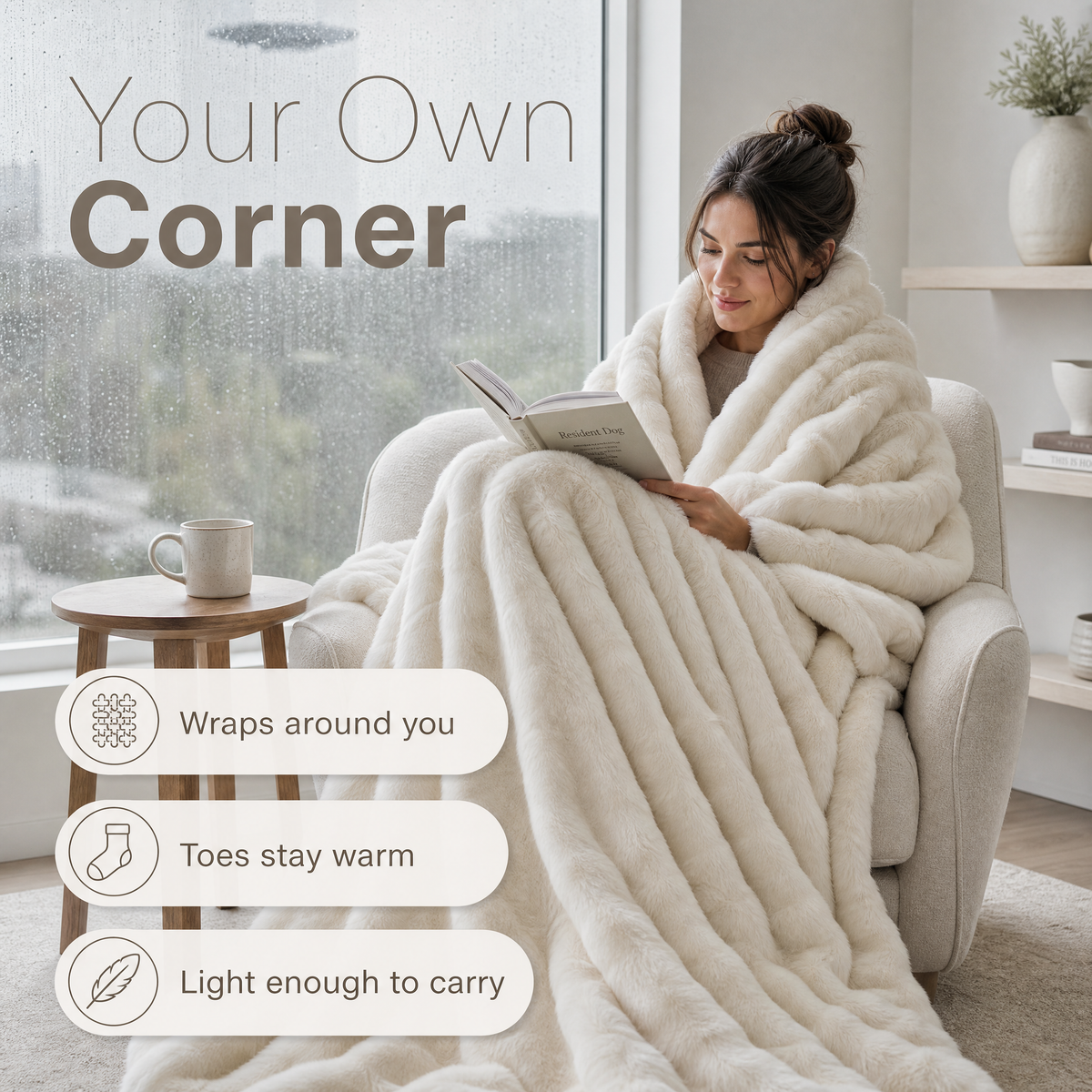 Woman wrapped in the rib faux fur blanket in an armchair on a rainy day