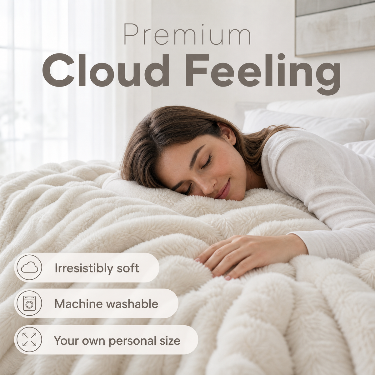 Cream rib faux fur blanket on a bed with a woman resting on it