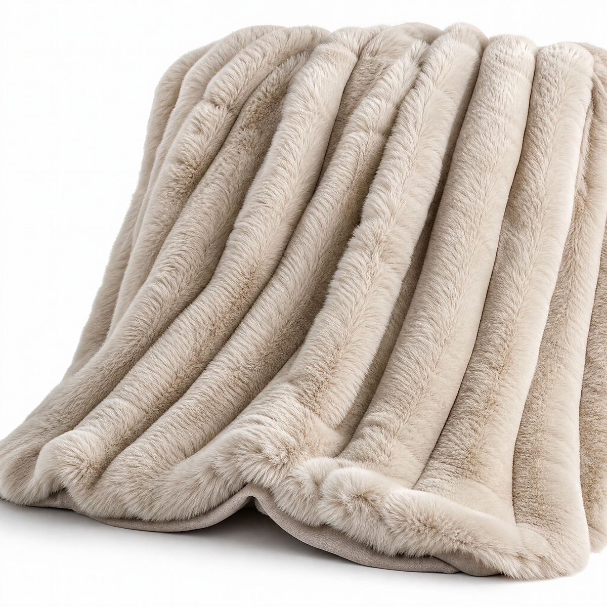 Sand cream ribbed plush blanket on a white background