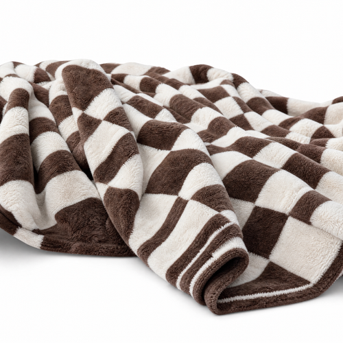 Coffee and cream checkerboard plush blanket on a white background