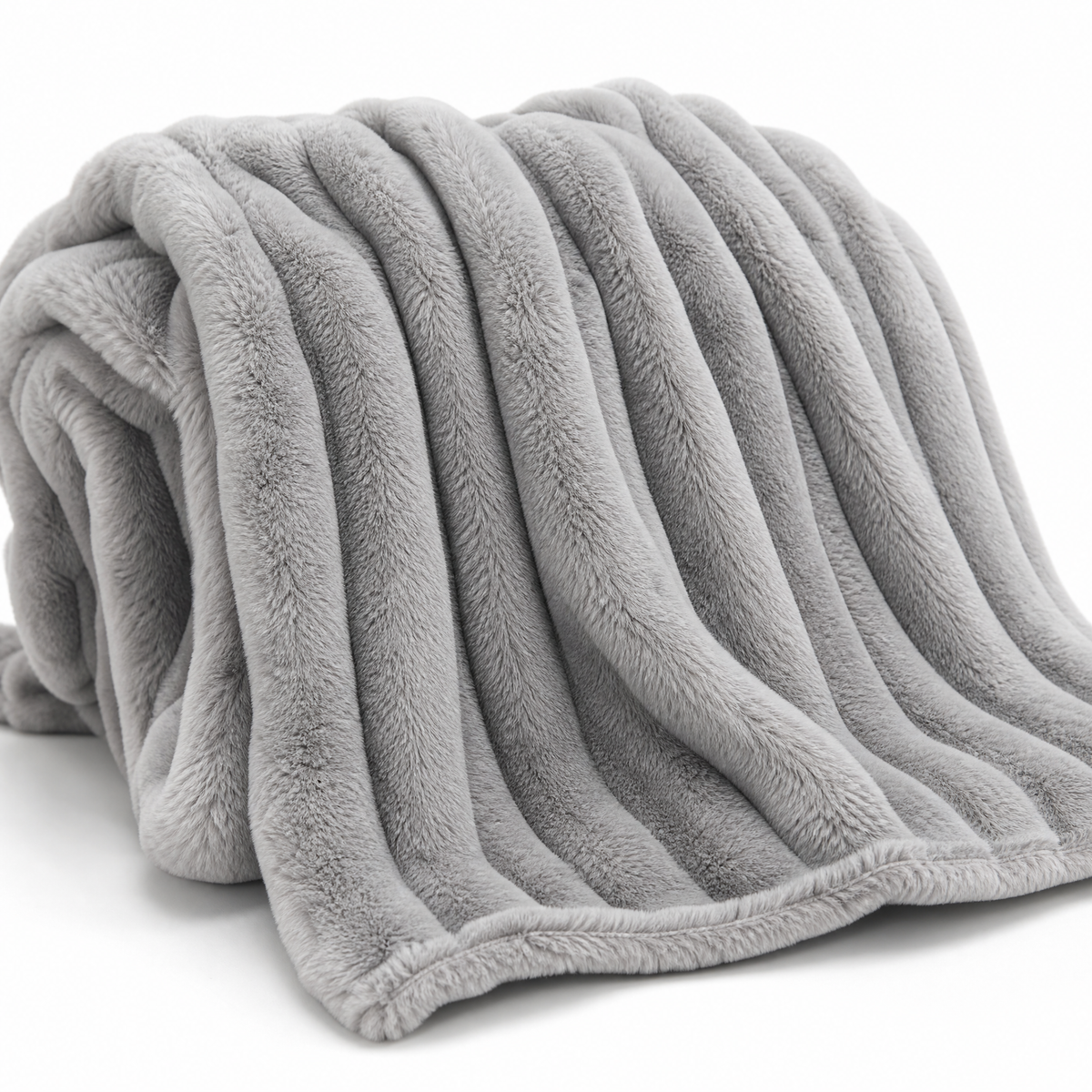 Grey rib plush blanket on a white background