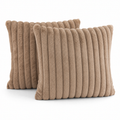 Two camel wide rib plush cushion covers on a white background