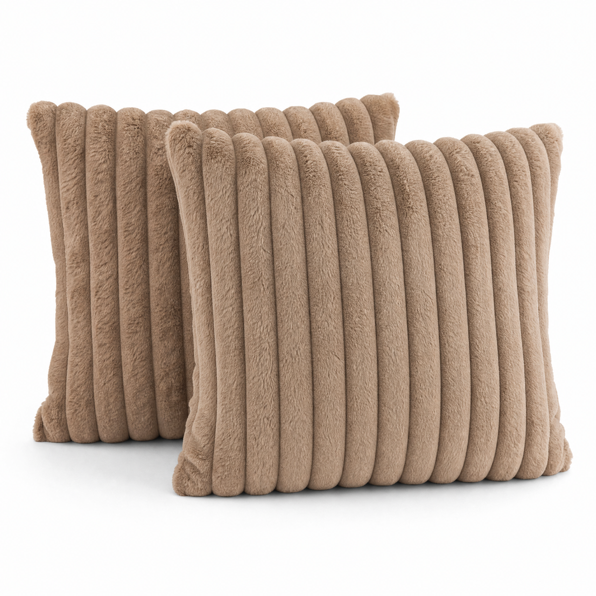 Two camel wide rib plush cushion covers on a white background