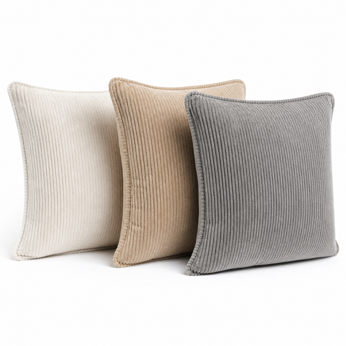 Three velvet corduroy cushion covers on a white background